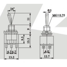 Chave Alavanca 2 Posições 2 Pólos 6 Terminais MTS202 6A