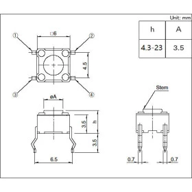 Chave Tactil 4 Terminais KFC-A06 6x6x7mm 180°